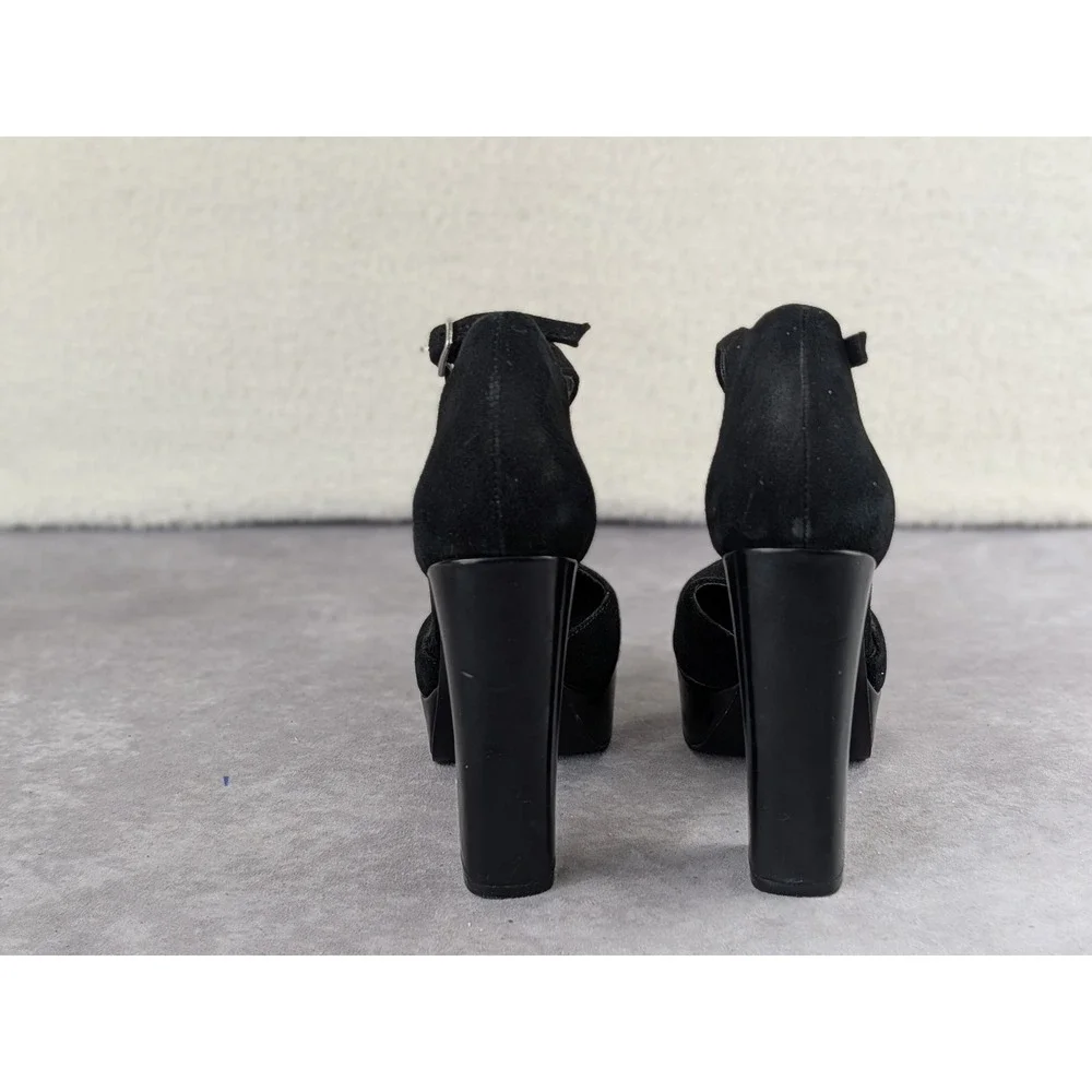 Steve Madden Darla Black Suede Platform Block Heel Ankle Strap Pumps 6.5M